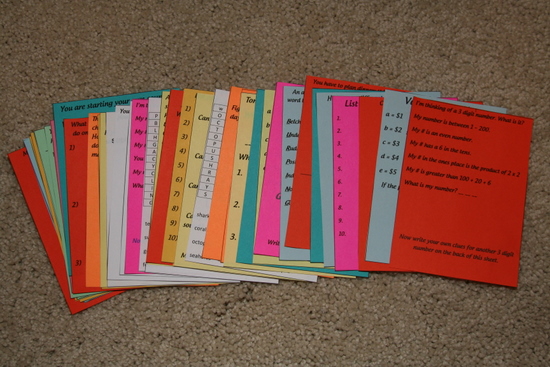 IMG_8264 Activity Cards cut out and on colored paper.